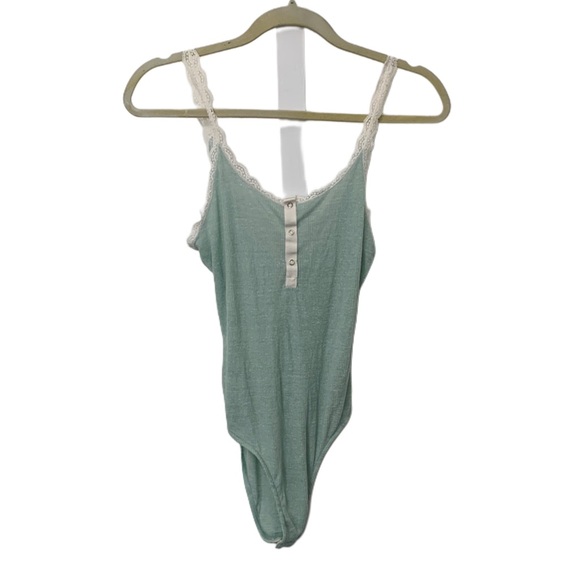 Victoria's Secret Tops - Victoria’s Secret Light Green Ribbed Lace Trim Tank Bodysuit